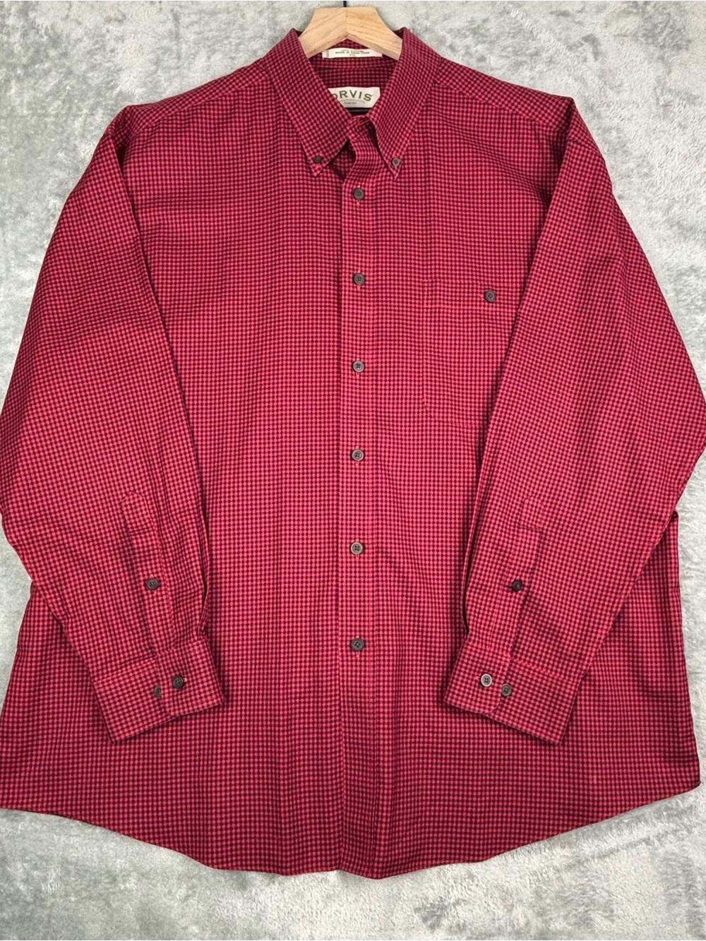Orvis Shirt Mens XXL Red Black Gingham Micro Check Cotton Button Down Preppy